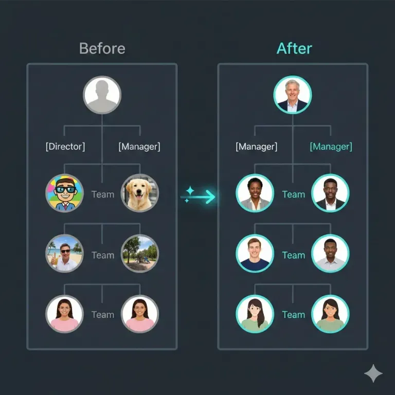 Before: org chart with blank avatars, pet photos, and casual selfies. After: same org chart with consistent professional headshots.